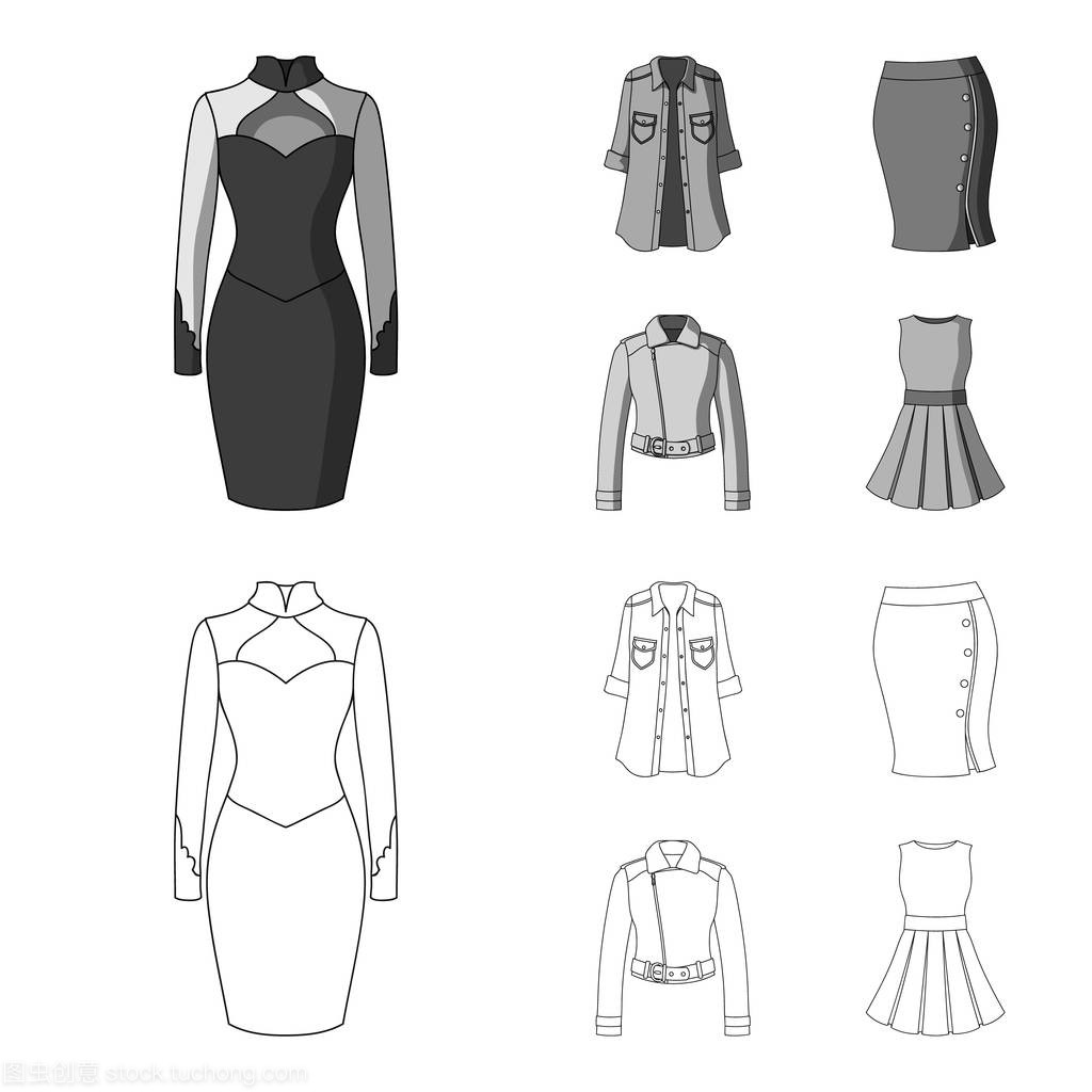 女式服装轮廓, 单色图标在集合中进行设计。服装品种及配件矢量符号股票 web 插图